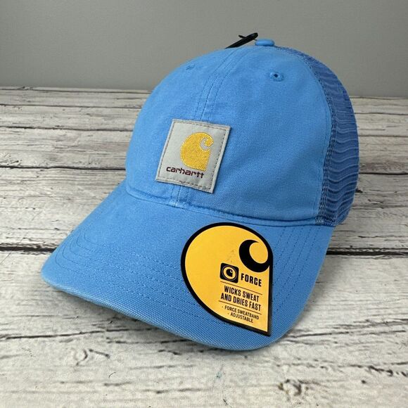 New Carhartt Force Logo Mesh Trucker Hat‎ Cap Snapback Mesh Lite Blue NWT - Picture 1 of 6